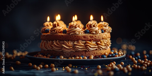 Receta tarta de café cremoso con galletas al estilo Tiramisú, celebración de aniversario, frutillas del bosque, velas encendidas, fondo oscuro, bolitas dulces de caramelo, tofe, arándanos, al centro