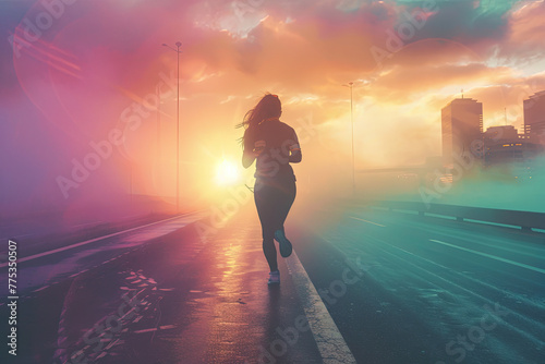 Woman Running Towards the Light in Apocalyptic City
