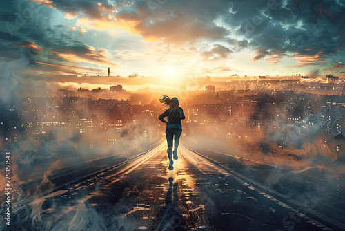Woman Running Towards the Light in Apocalyptic City