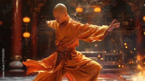 Buddhist monk making kung fu created with Generative AI