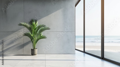 Serene indoor oasis: lush greenery on white floor against modern concrete wall, lounge area with coffee table by glass window overlooking ocean - luxury beach house interior design concept