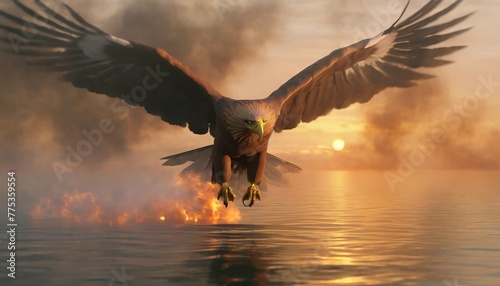 3d rendering of an eagle flying over the water with fire and smoke