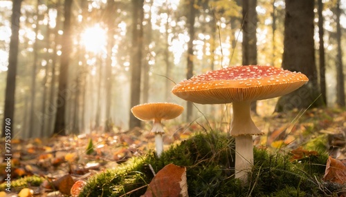 red fly agaric mushrooms in autumn forest fantasy forest nature background