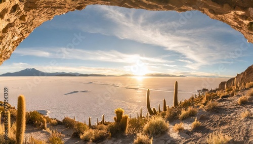 panoramic view of the uyuni salt flat with cactus plants under the cave salar de uyuni bolivia