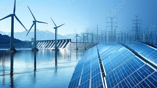 Wind turbines, solar panels, and hydro dams featured in a renewable energy collage this World Environment Day
