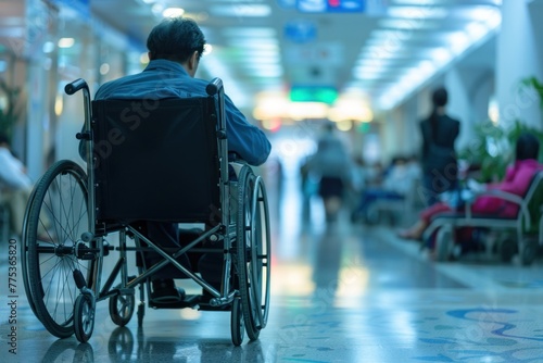 wheelchair in hospital with people traffic hall background