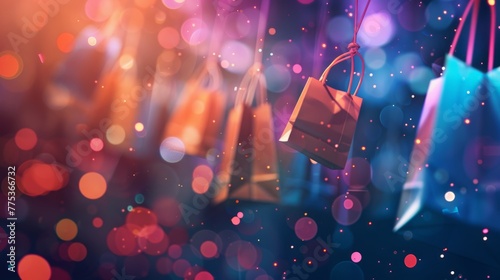 Dynamic retail background: vibrant bokeh effect with shopping bags and e-commerce icons, shopping concept for online stores and retail marketing
