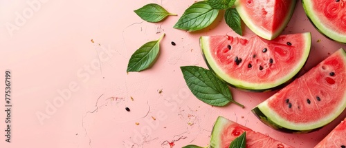  A watermelon slice with green leaves on a pink background with space for text or an image