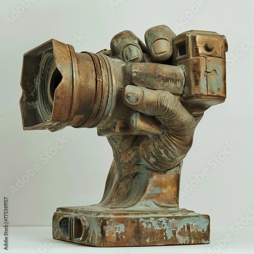 a lateral view of a bronze sculpture of a fist holding a camera