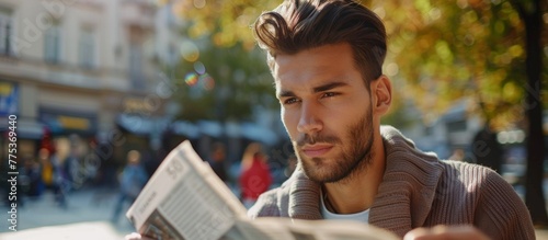 Man reading newspaper in urban square