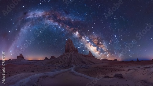 Nighttime desert landscape starry sky, milky way, high resolution photography with clear visibility