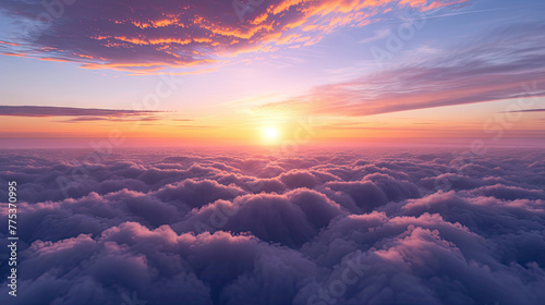 Skyline over the clouds at sunrise. A breathtaking view above the clouds as the sun rises, casting a warm glow over the horizon