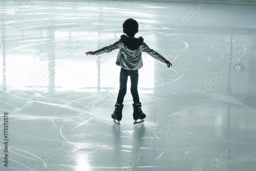 Child figure skater practicing on an ice rink with sparkling outfit