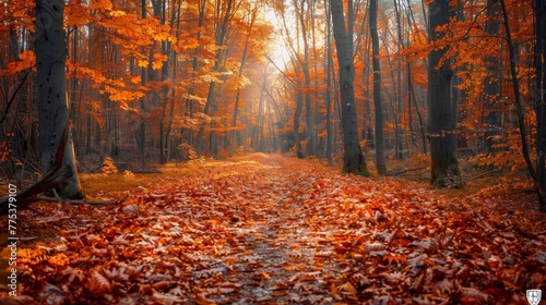 Tranquil autumn trail vibrant foliage, sunlight filtering through trees, high definition realism
