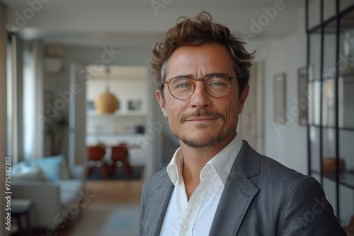 Portrait of handsome mature businessman with eyeglasses looking at camera at home