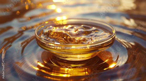 Falling drops of honey in a glass bowl on the surface of the water
