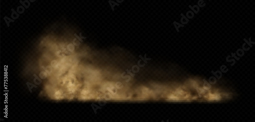 Brown dust, sand or dirt cloud on transparent background. Realistic road dust, desert storm, dirty air. Vector illustration