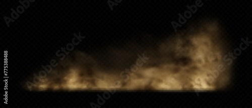 Brown dust, sand or dirt cloud on transparent background. Realistic road dust, desert storm, dirty air. Vector illustration