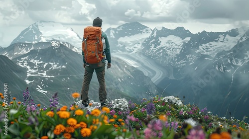A tourist stands on the top of an alpine mountain surrounded by wildflowers and snow-capped peaks. The sky is overcast with rain clouds, adding to the dramatic atmosphere.
