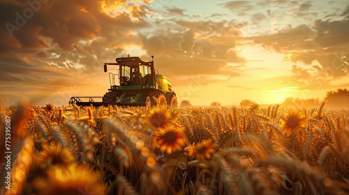 Modern combine harvester working in a field at sunset. The car is captured from behind and has a green body with yellow details. In front of him stands an ear of wheat, under the sunlight