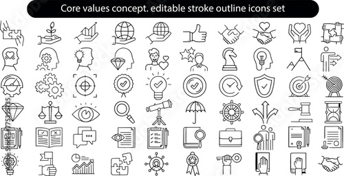 Core values concept. Integrity, mission, vision, trust, purpose, leadership and growth editable stroke outline icons set isolated on white background flat vector illustration. Pixel perfect.