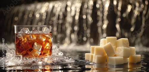  A glass of ice with cubes sitting atop a table, accompanied by a pile of extra ice cubes nearby