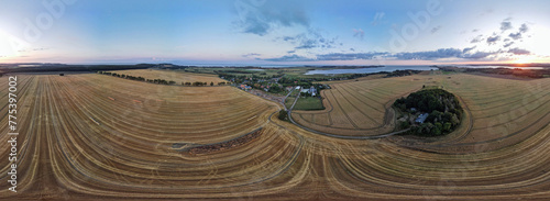Aerial panorama of rapeseed canola oil field on the Island of Rugen in Mecklenberg Vorpommern