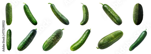 Fresh cucumbers in different orientations isolated cut out on transparent background
