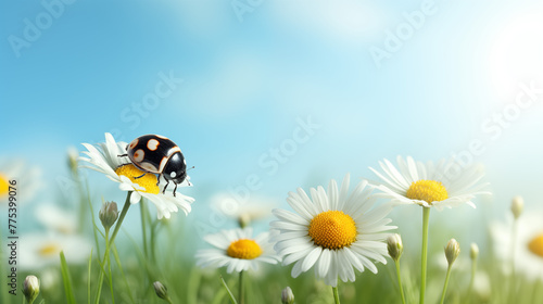 Vibrant Ladybug on a Daisy Over Blue Sky