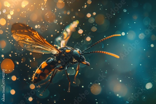 This stunning close-up captures a wasp in mid-flight with striking detail, set against a beautiful blue bokeh background accentuating its features