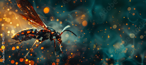 The captivating scene of a wasp flying, surrounded by a stunning sparkling bokeh effect creating a whimsical backdrop