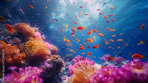 Vibrant coral reef, high res ocean scene with colorful fishes and swaying sea anemones