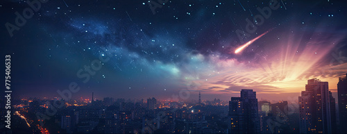 Comet ISON shines amidst the city lights, night sky adorned with the Milky Way. ✨🌌 A breathtaking urban night vista of cosmic beauty. #StarryCityscape
