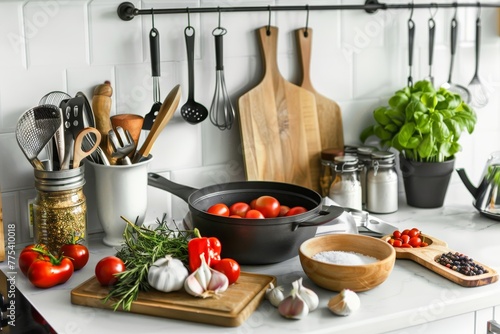a kitchen counter with various vegetables and utensils