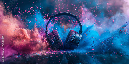 Headphone and vivid color powder. Creative music and festival concept AI-generated Image