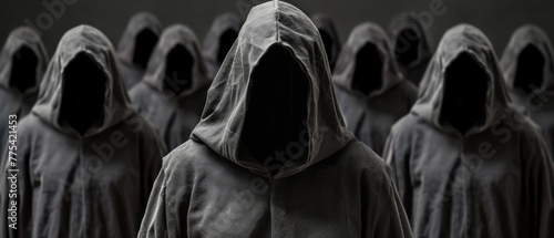  A group of hooded individuals standing before a dark backdrop with their faces concealed by their hoods