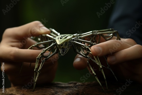A brass spider sculpture delicately cradled in a hand. Crafted with intricate details, this lifelike sculpture showcases beauty and craftsmanship.