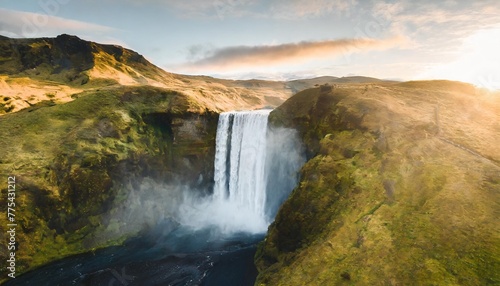 iceland waterfall skogafoss in icelandic nature landscape famous tourist attractions and landmarks destination in icelandic nature landscape on south iceland aerial drone view of top waterfall