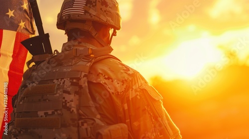 American soldier in a sunset next to the American flag in high resolution and high quality. war concept, soldier, man, patrol, patriot, flag
