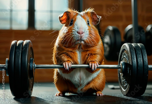 Several guinea pigs, in a gym, lifting weights in different fun ways. Generated by AI
