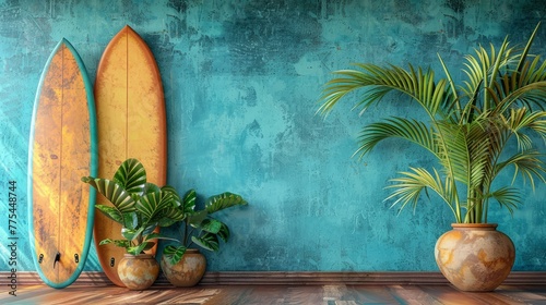 Surfboards propped against a vibrant blue wall with tropical decor accents