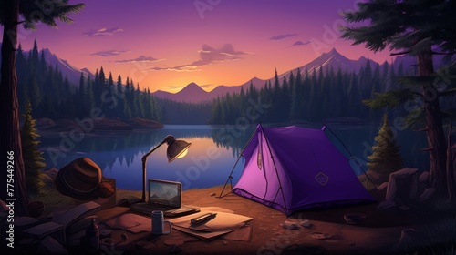 Purple tent with a flashlight, a bowler hat and an adventure map against the backdrop of a forest lake and mountains, no text, no inscriptions, no advertising, --ar 16:9 --quality 0.5 --v 5.2 Job ID