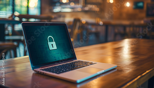 Laptop with security lock on screen in a cafe setting