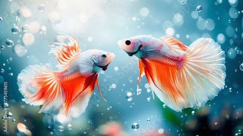 Two betta fish with vibrant orange and white fins appearing to dance underwater amidst a backdrop of shimmering bubbles.