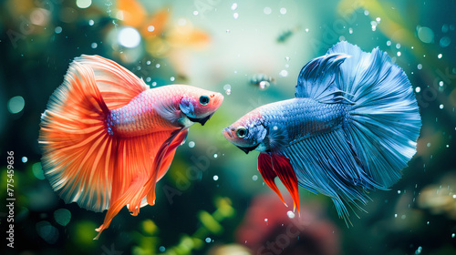 Two vibrant betta fish, with flowing fins, elegantly swim amidst a flurry of bubbles in a serene underwater setting.