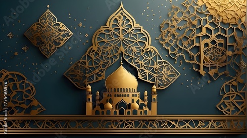 Islamic geometric motifs with a golden linear theme for Eid ul Fitr and Eid ul Adha backdrops