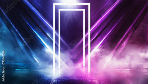 Abstract background with ultraviolet neon lights, empty squared frame with smoke.
