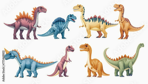 Illustration of eight different colorful dinosaurs, showcasing diverse species with distinct features such as horns, plates, and long necks.