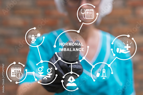 Gynecologist using virtual touch screen presses inscription: HORMONAL IMBALANCE. Hormonal imbalance medicine and healthcare concept. Hormone disproportion. Female hormonal imbalance.