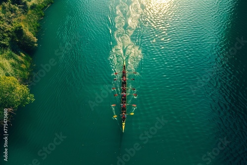 Aerial drone top panoramic view with copy space of sport canoe rowing synchronous athletes competing in tropical exotic lake